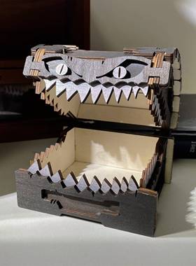 「很凶狠的箱子」小心被咬！怪物宝箱收纳盒子创意木质工艺品摆件