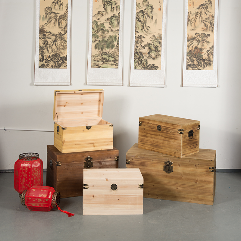 复古木箱子带锁实木收纳储物箱做旧民宿装饰木盒长方形带盖大木箱