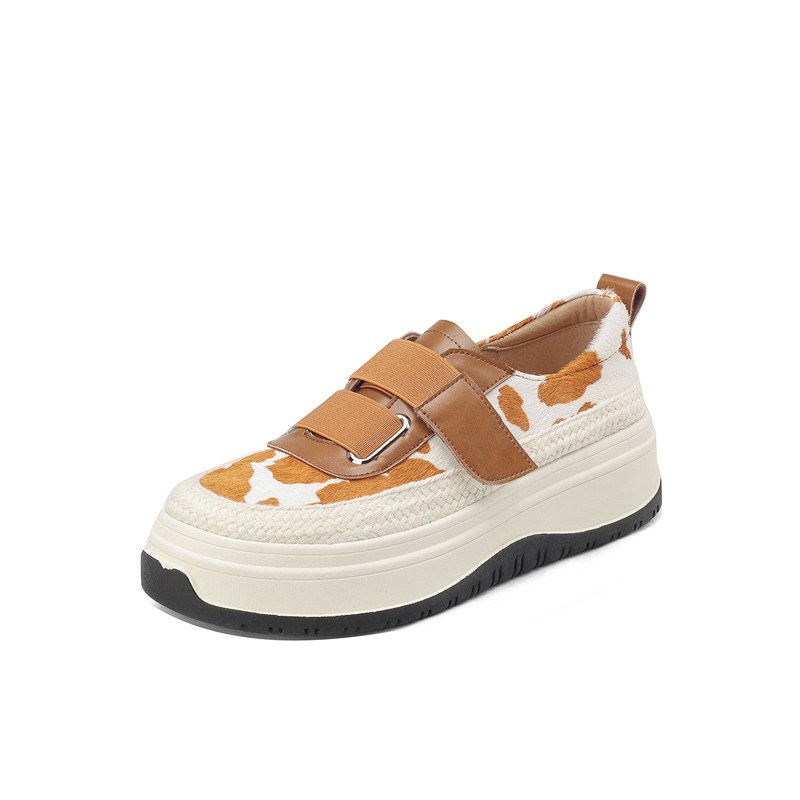 2023春季新款真皮厚p底圆头马毛乐福鞋女坡跟松糕底魔术贴拼色单