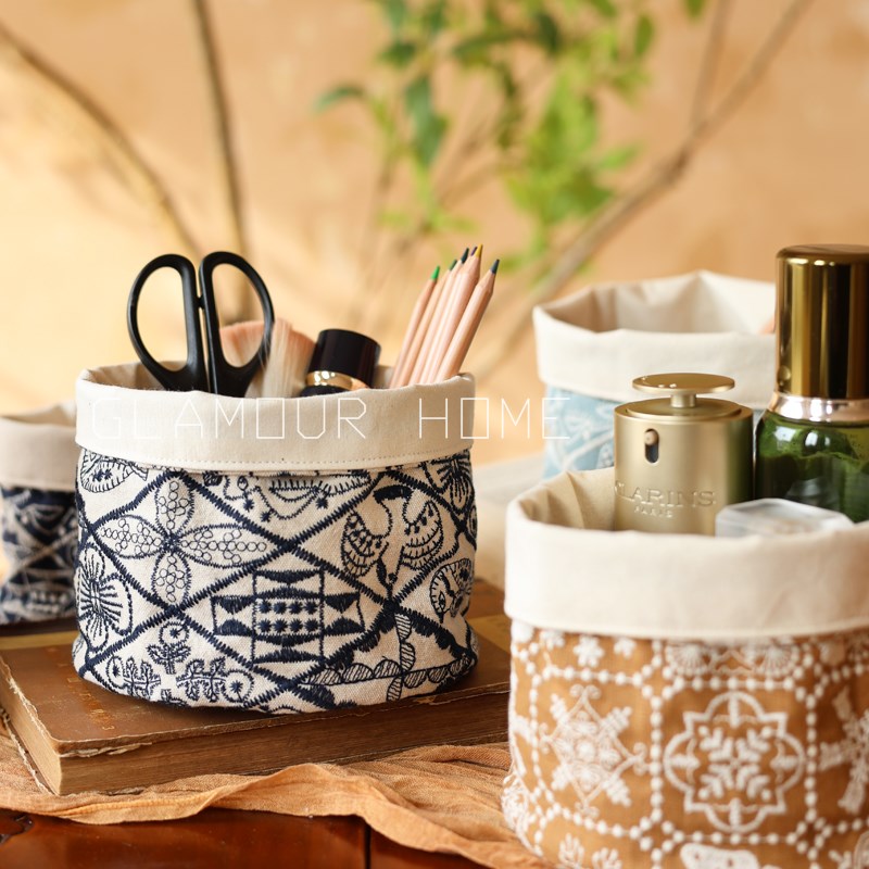 重工刺绣桌面收纳桶布艺杂物收纳筐桌面玄关钥X匙化妆刷笔筒