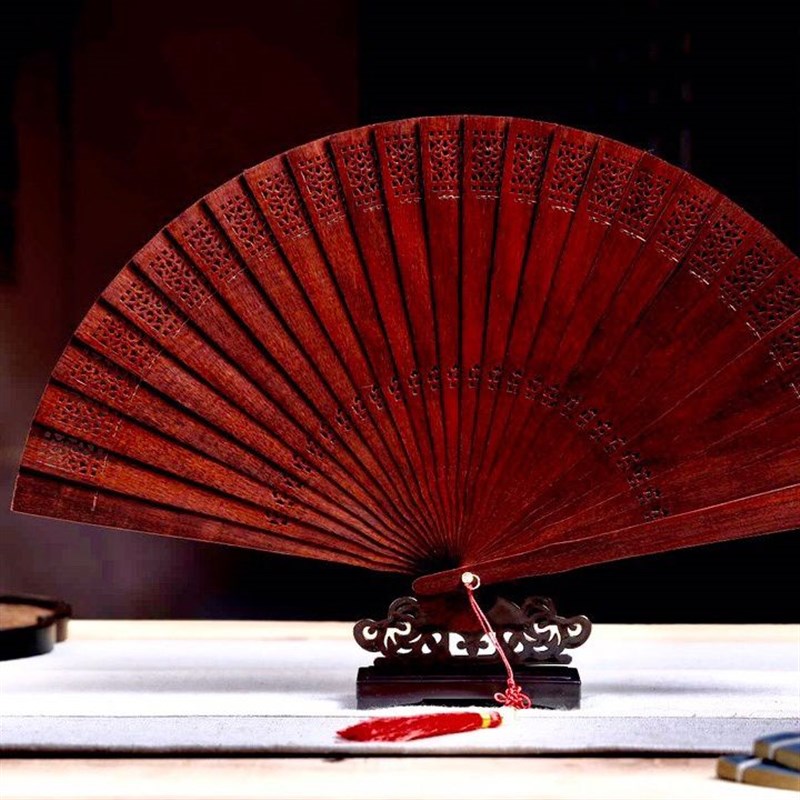 小叶紫檀扇子中国风礼品檀香扇古B风镂空工艺全木扇折扇女缅香木