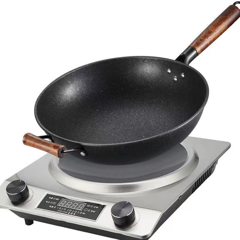 电磁炉专用铁锅35m00W凹面麦饭石圆底平底锅炒菜锅手柄铁锅不粘锅