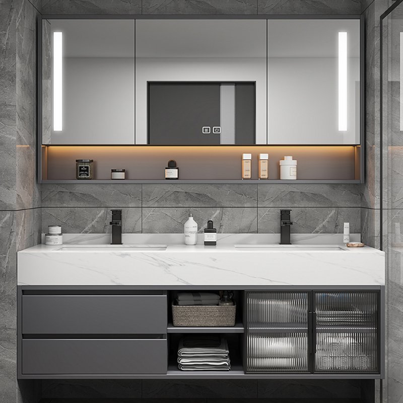 轻奢岩板一体浴室柜组合卫生间实木C双盆洗漱台洗脸洗手台盆池盆