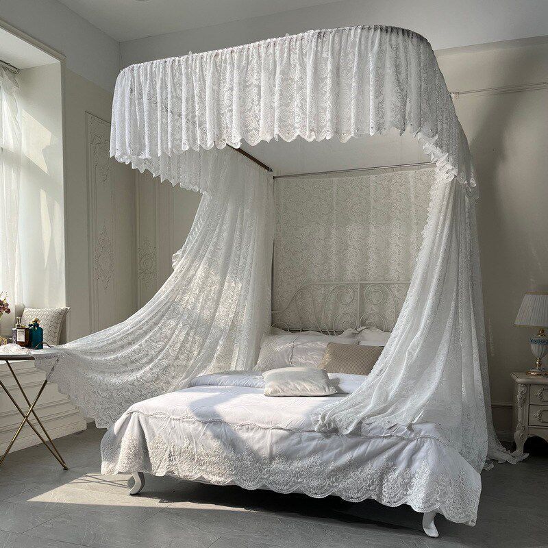 新款U型导轨落地蕾丝蚊帐家用3开门1.8m一体式轨道蚊帐加厚铝合金