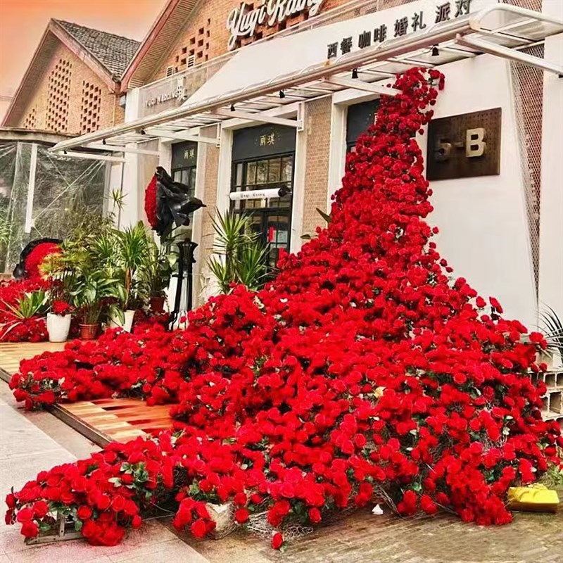 玫瑰瀑布仿真花假花布置冰川瀑布墙场景网红打卡玫瑰花背景墙花墙