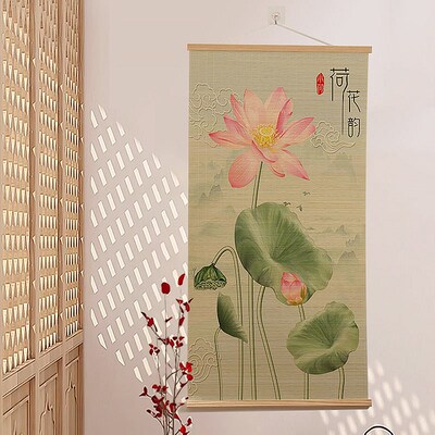 荷花新中式印花禅意竹丝装饰画客厅玄关走廊卷帘壁画书房茶室挂画