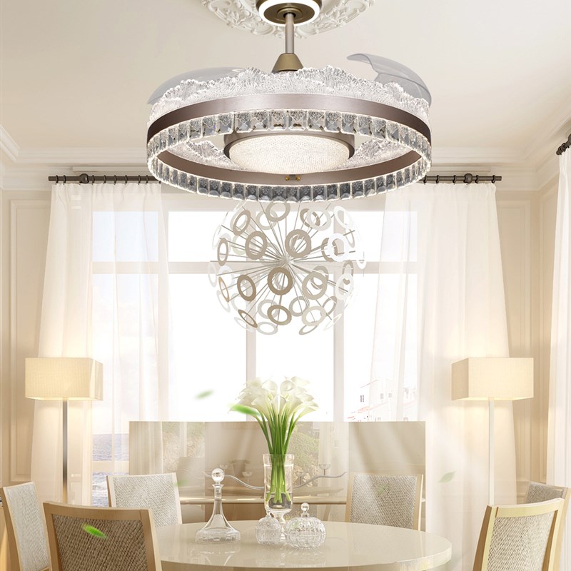 新款餐厅隐形f风扇吊灯三色变光智能语音全铜变频静音电机加水晶