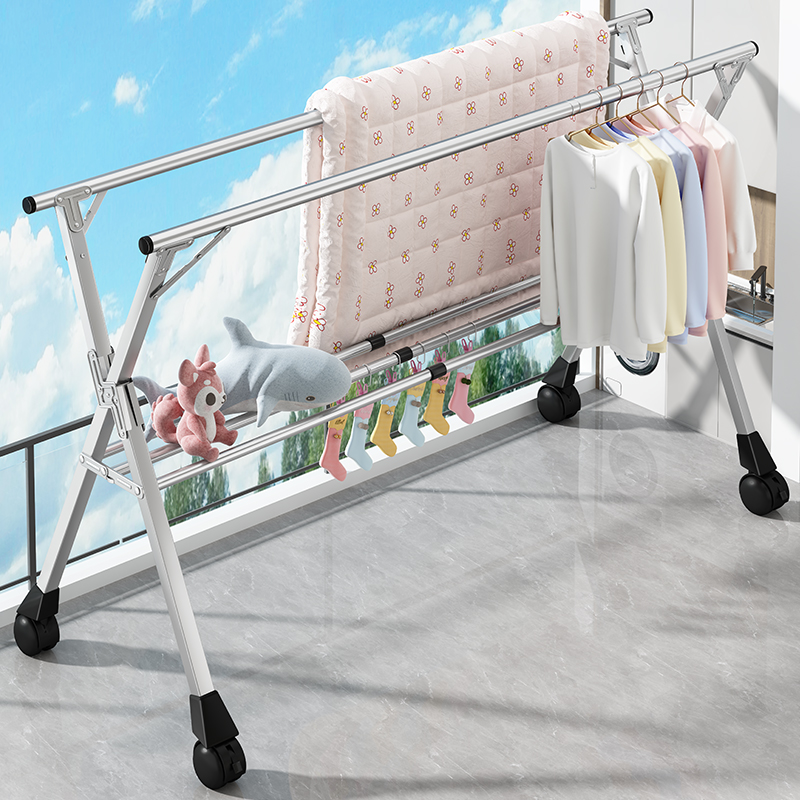 折叠晾衣架落地室内阳台不锈钢晒被子神器室外凉衣架伸Z缩式挂衣