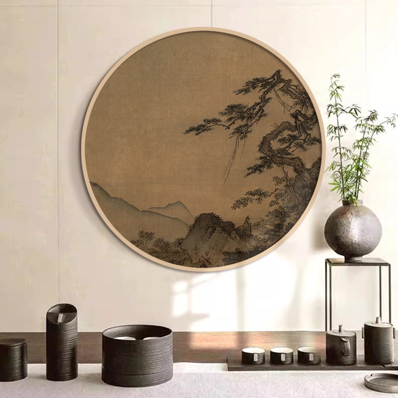 新中式圆形装饰画玄关过道实木复古山水画水墨画宋代茶室挂画书房图片