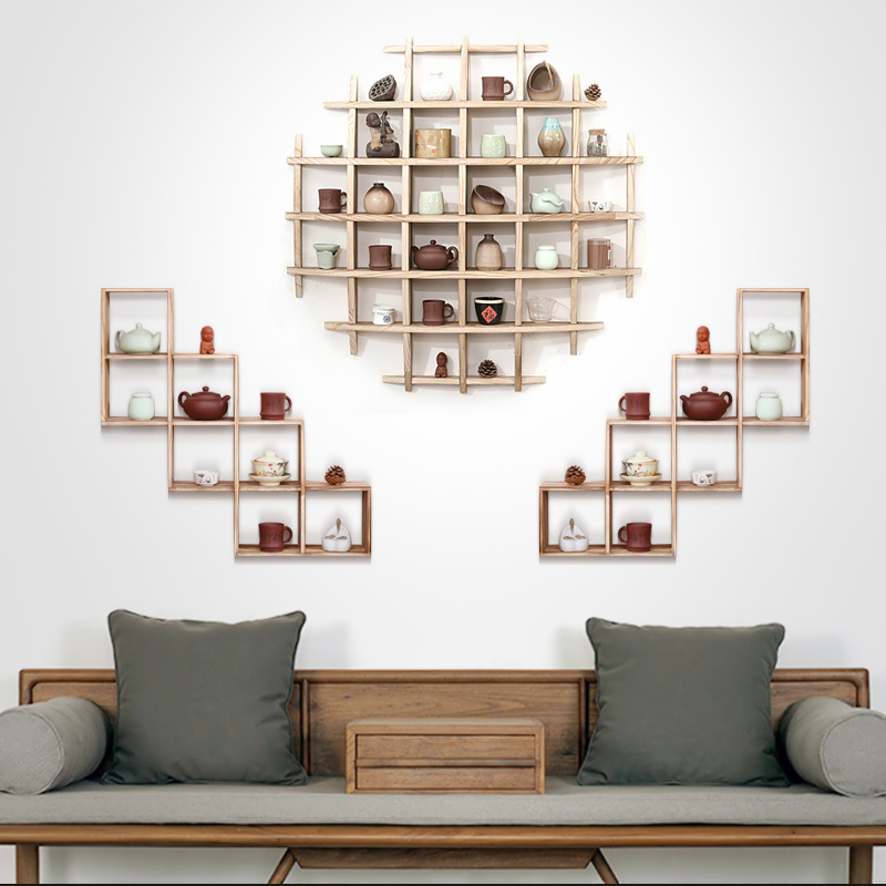 原木色创意壁挂博古架古董收藏架茶具展示架实木T组合多宝阁置物
