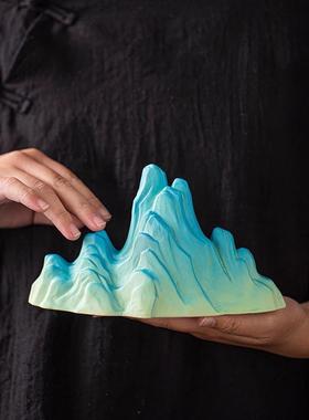 新中式鱼缸雪山造景石头微景观只此青绿陶瓷假山沙盘摆件千里江山