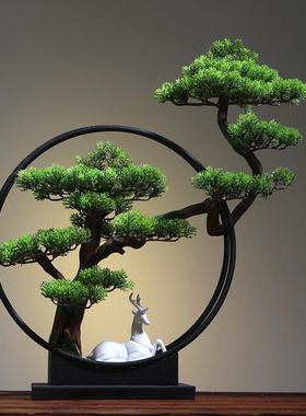 新中式一路高升禅意迎客松摆件创意铁艺鹿家居客厅玄关装饰品摆设