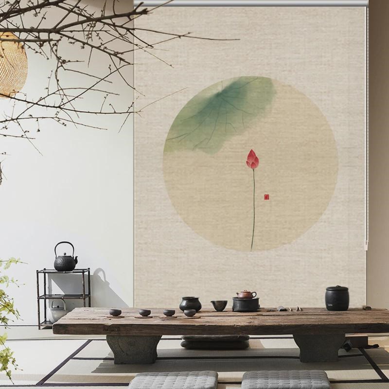 新中式亚麻卷帘隔断帘电动茶室y禅意窗帘卷拉式客厅遮光日式软隔