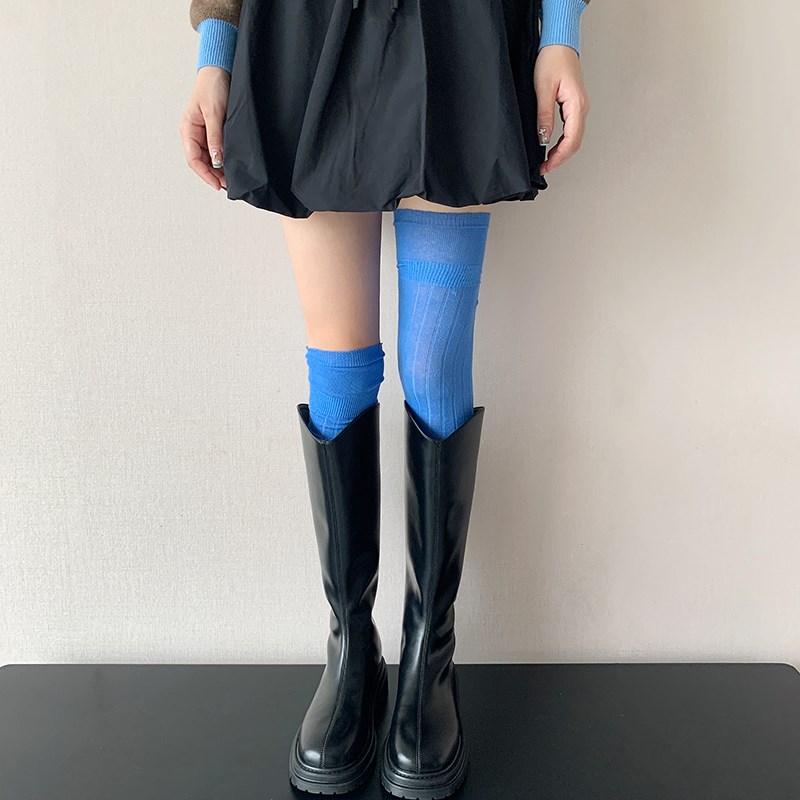 多巴胺克莱因蓝长筒过膝靴袜春秋C薄款粉色高筒袜黑色堆堆袜配靴