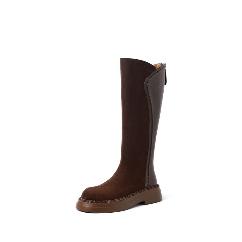 不过膝高筒靴女坡跟松糕底复古长靴D厚底真皮拼接骑士靴显瘦长筒