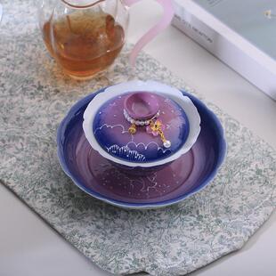 夏禾茶具手绘釉下彩陶瓷小盖碗紫色小号泡茶碗创意有田烧小品瓷器