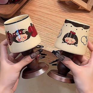 高颜值复古ins风可爱木质高脚陶瓷杯子女生咖啡杯生日礼物伴手礼