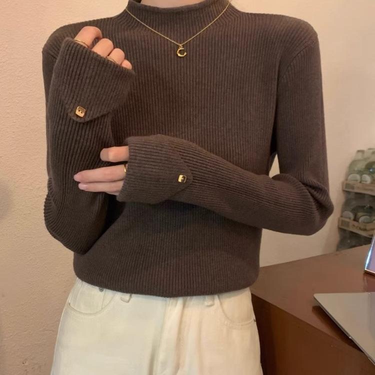 咖色半高领针织打底衫女