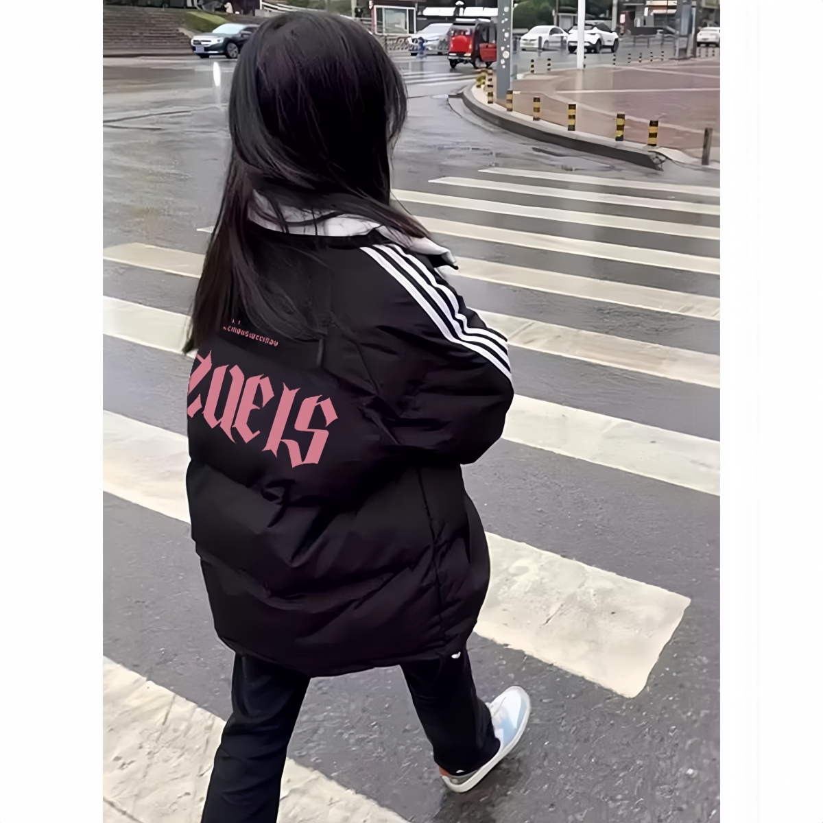 美式条纹羽绒棉服少女大