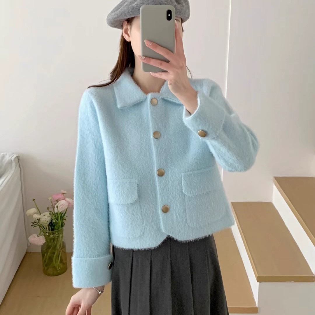 小个子翻领仿水貂绒外套女秋冬新款韩版宽松小香风针织开衫上衣潮