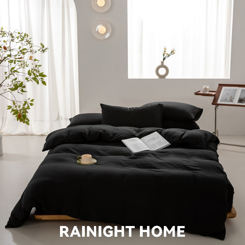日式侘寂风黑色j四件套水洗棉麻床品床笠款床单被套学生宿舍三件