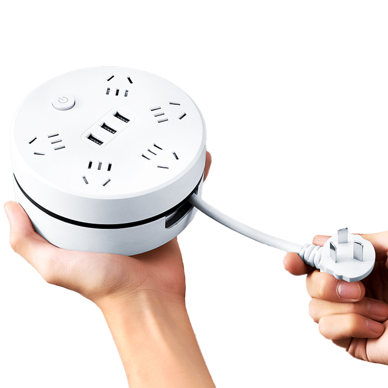 可收纳插座c插排多功能家用宿舍办公可伸缩插线板带USB圆形拖线板