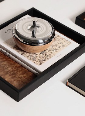 新中式书房典雅的长方形大理石花纹木托盘客厅茶几储物.摆件软装