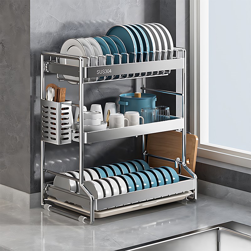 304不锈钢碗架沥水架厨房置物架台面放碗J具碟盘收纳2024新款架子