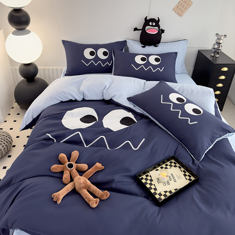 纯色可爱水洗棉小怪兽q贴布绣花四件套床单被套床笠款宿舍三件套4