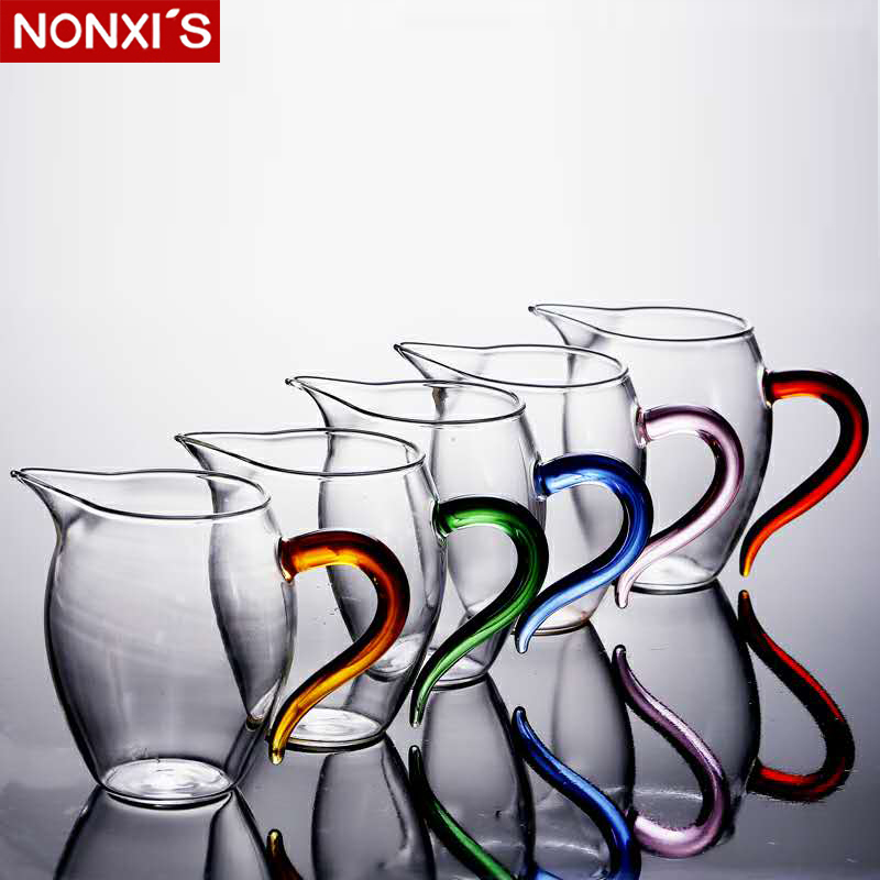 彩把手耐热玻璃分茶器 功夫茶具配件公道杯过滤网茶海茶漏套装