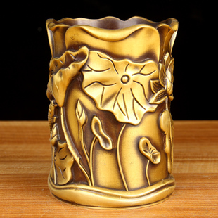 仿古色鱼戏莲叶间铜笔筒摆件 铜祥龙笔筒摆件 大展宏图笔筒