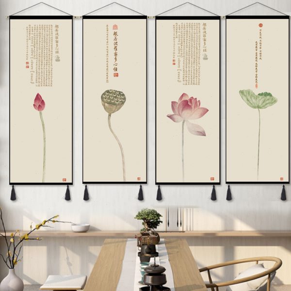 墙面装饰四联荷花布艺书房禅意中式挂布背景布挂画客厅新中式挂毯图片