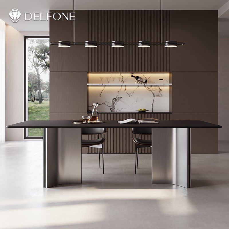 德利丰岩板餐f桌家用意式极简现代简约轻奢长方形黑色岩板餐桌椅
