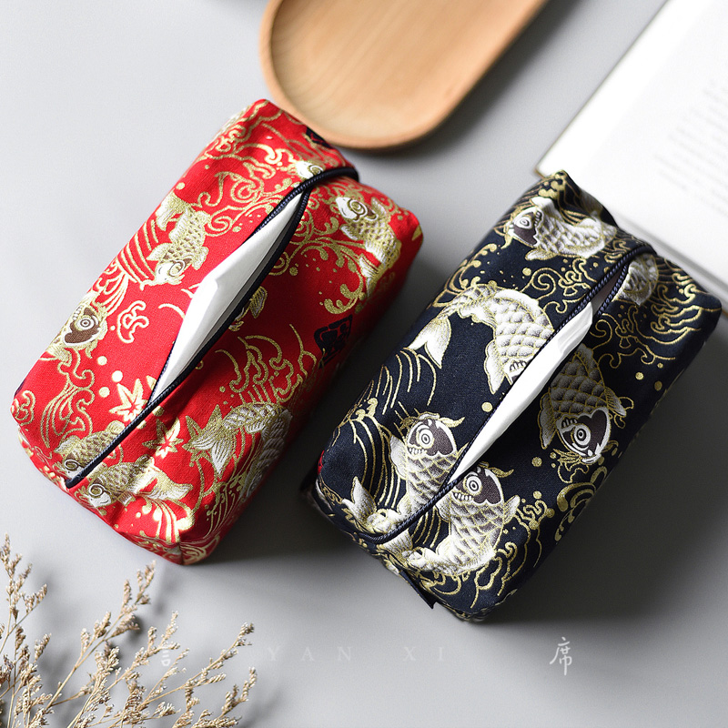 中式高档烫金印花创意纸巾盒布艺套E家居纸抽布袋喜庆锦鲤鱼纸巾