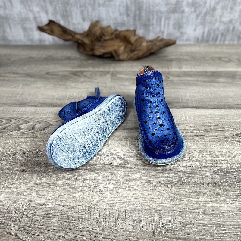 艺鞜202d5夏季新款真皮圆头洞洞后拉链懒人凉靴手工软底打孔短靴