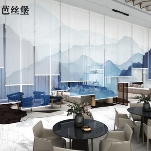 新中式 饰 帘子软屏风隔断悬挂式 窗帘卷帘升降客厅酒店售楼部展会装