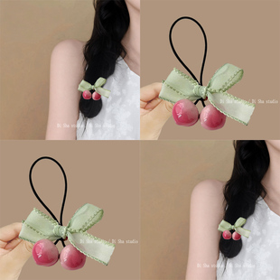 两颗樱桃 森系盘发器扎头马尾皮筋头绳女夏 绿色蝴蝶结樱桃发圈