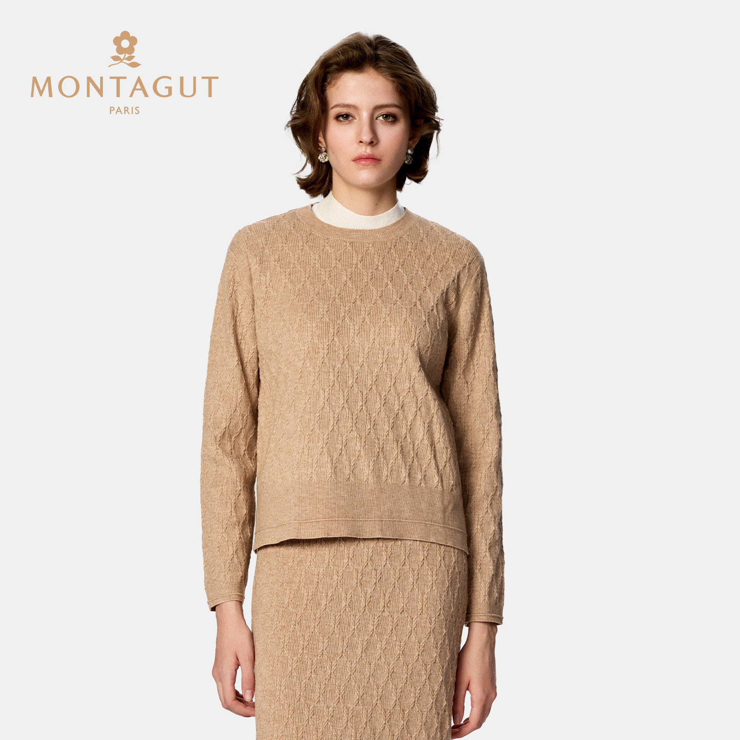 Montagut梦特娇圆领女装时尚简约套头宽松中袖针织衫2025新款