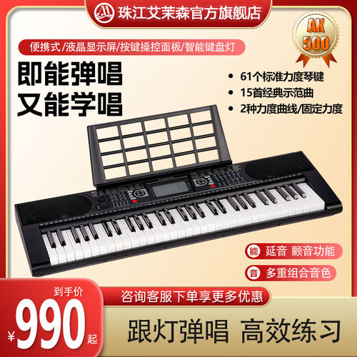 珠江艾茉森61键智能跟弹灯便携式成人儿童专用电子琴AK500