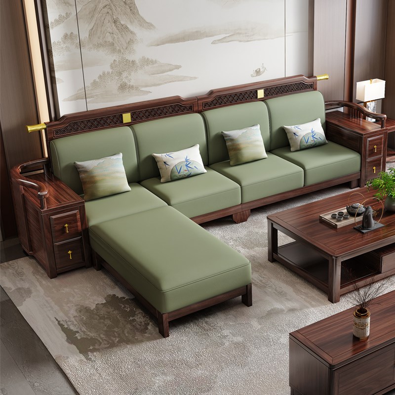 新中式实木沙f发客厅乌金木现代简约冬夏两用储物贵妃沙发茶几组