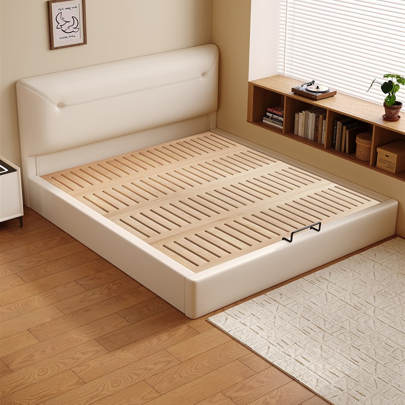 奶油风薄床头落地齐边榻榻米满铺榉木床板静音双人Z床支持定制