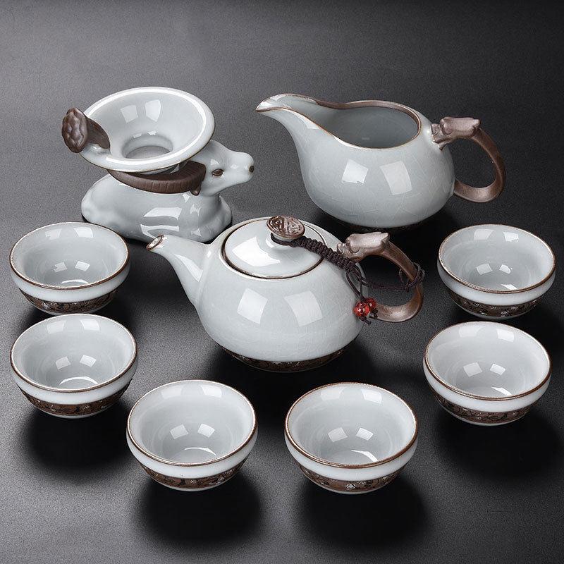 陶瓷功夫茶具套装哥窑开片茶壶冰裂盖碗办公防烫礼盒中式精致简约