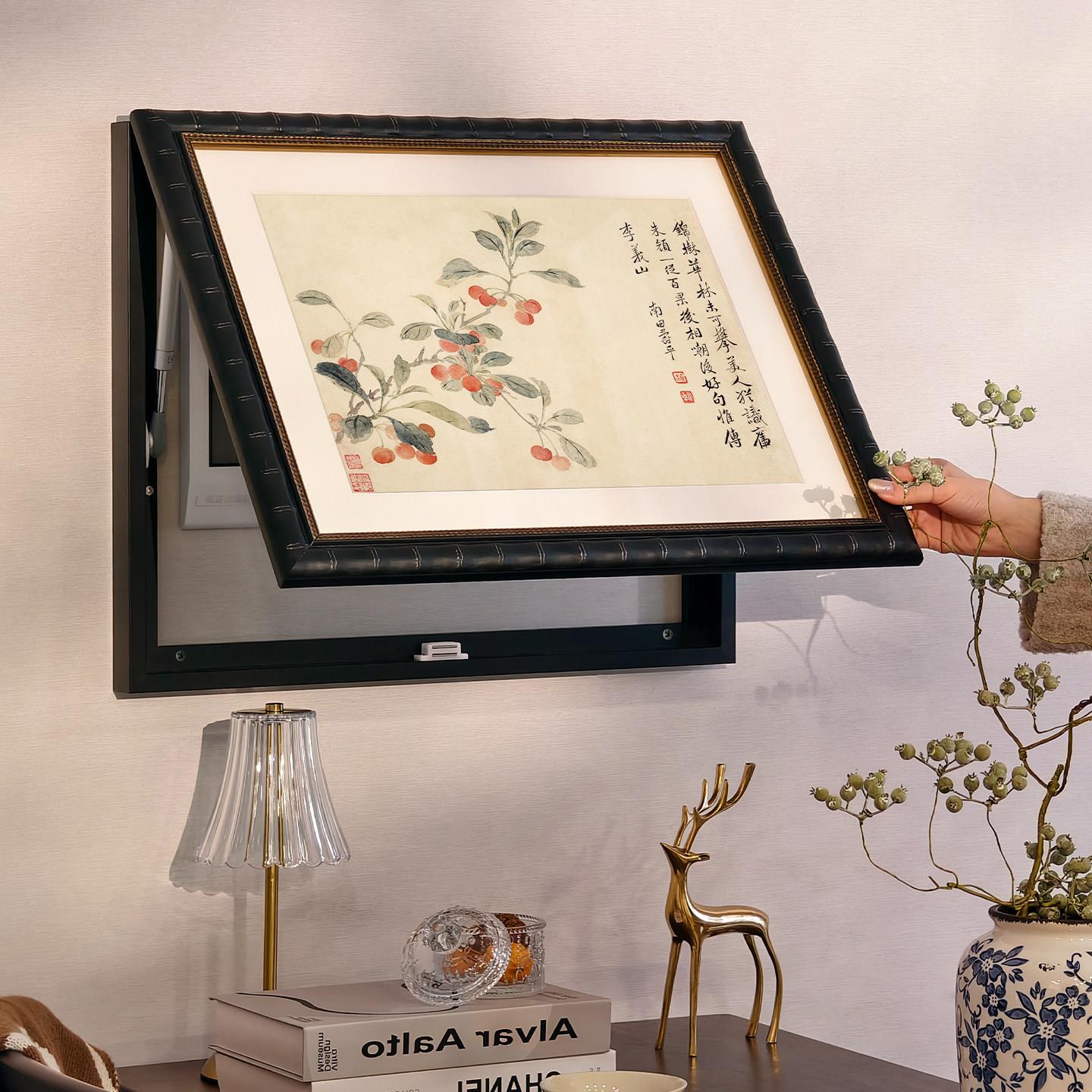 2026新款高档实木电表箱遮挡装饰画新中式复古配电箱上翻中古挂画
