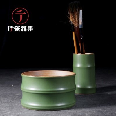 仟瓷雅集 仿竹陶瓷水杯笔筒书画绘画陶泥笔洗水洗水盂洗笔缸