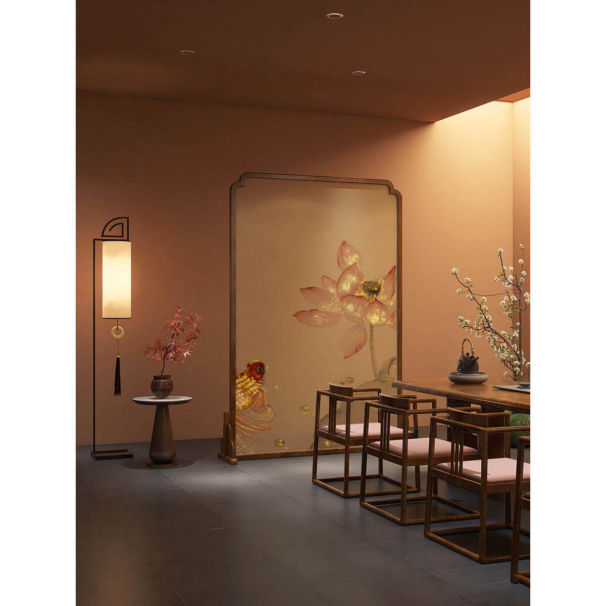 新中式宋氏美学实木圆角屏风隔断客厅餐厅玄关遮挡分隔移动免安装