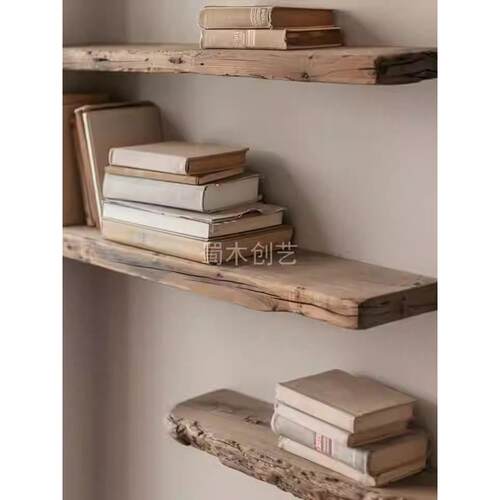 蜀木创艺实木一字隔板置物架不规则美感悬空展示架层板客厅背景墙