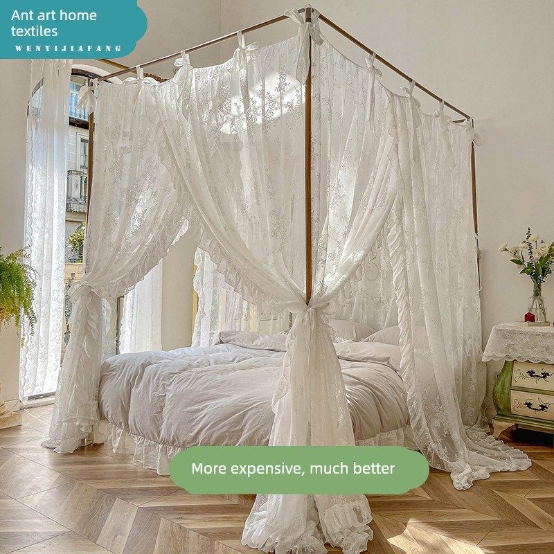 新款夏季法式蕾丝落地蚊帐公主风高档宫廷式三开门加密床幔加厚