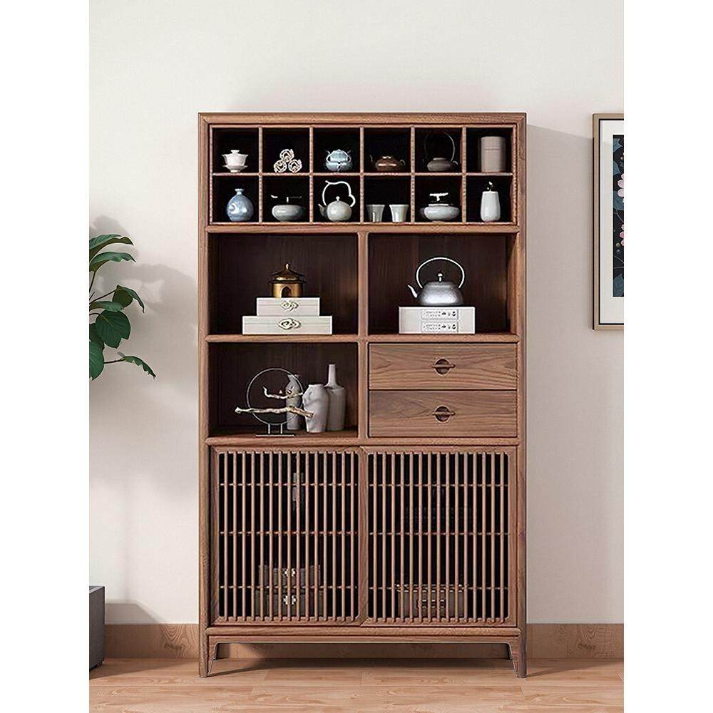 新中式边柜茶叶柜茶具柜子茶室禅意展示柜实木老榆木胡桃色多宝阁