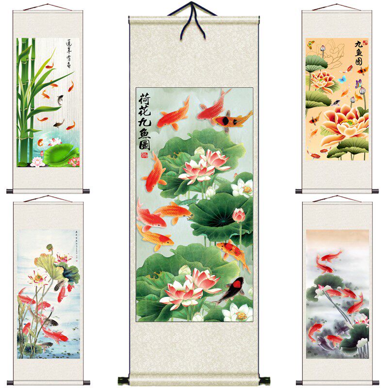 莲花九鱼图荷花图丝绸卷轴画国画年年有余月月有余丝绸礼品