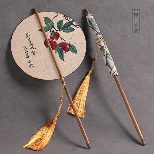 古风竹团扇古典名画双面细丝长柄腰扇便携折扇可卷国风打卡装饰扇